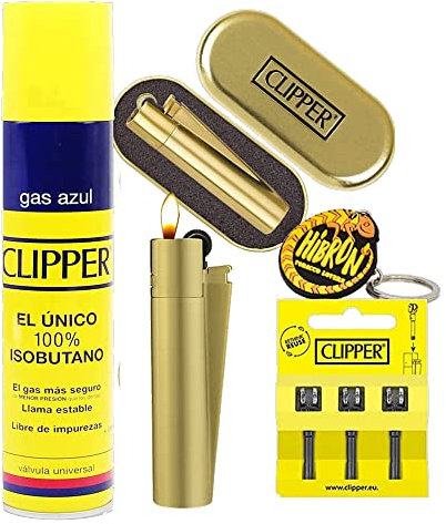 Clipper 1 Encendedor Mechero Clásico Largo Metal Gold Oro Dorado + 1 Llavero+1gas+1 Pack de 3Piedra de Ignición Flint (Oro Kit)