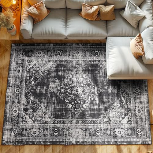 Kurzflor Teppich Wohnzimmer Schlafzimmer Läufer Flur Waschbarer Teppich Weich Vintage Stil, Wohnzimmerteppich, Farbe: Schwarz, Größe: 120 x 170 cm