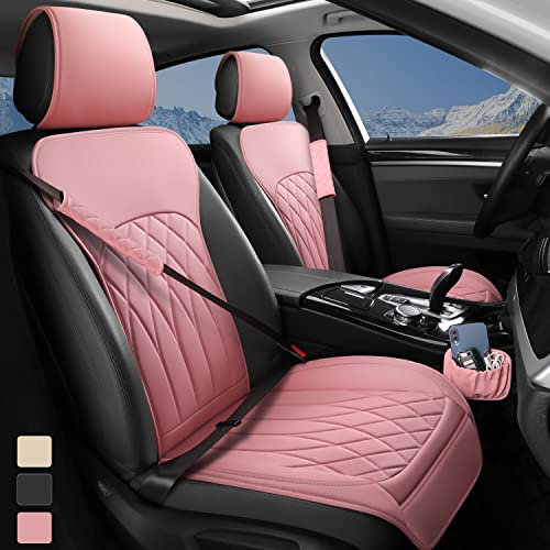 BEITK Confezione da 2 coprisedili anteriori per auto, universali, senza lati, con tasca portaoggetti e cuscinetti per cinture di sicurezza, impermeabili, per auto, camion, SUV (rosa)