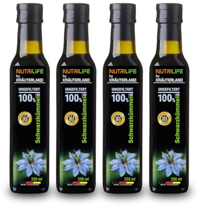 Kräuterland Schwarzkümmelöl 4X250ml (1000ml), ungefiltert, Omega 3-6-9, naturrein ohne Zusatzstoffe, hoher Thymoquinine, vegan, mild, kaltgepresst, mühlenfrisch aus unsrer hessischen Ölmühle