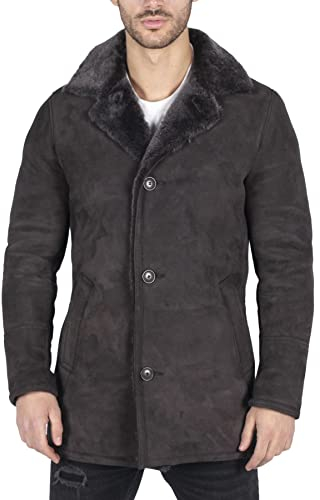 TruClothing.com Herren Lederjacke Echtes Schaffell Mantel Braun Vintage Klassische 3/4 Jacke Button Down V Hals Schafsleder Jacke - braun M