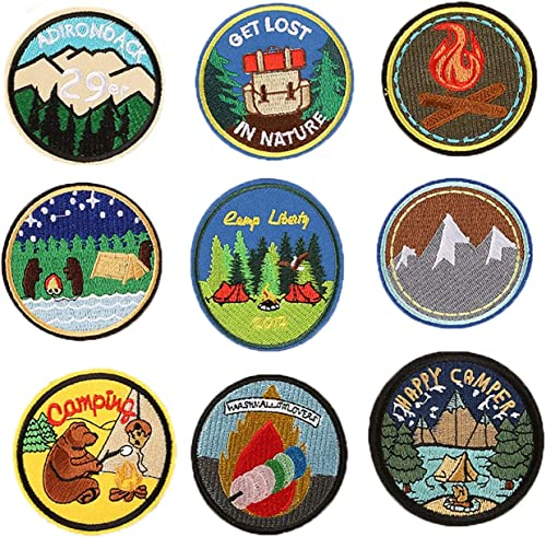 9 parches redondos para planchar para exteriores, para viajes, camping, oso, se pierde en la naturaleza, apliques bordados para jeans, chaquetas, ropa, bolsas