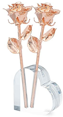 Forever Rose Zwei echte Rosen getaucht in Roségold, handgefertigte konservierte Rose in Acryl-Herzvase und luxuriöser goldener Geschenkbox, romantisches Geschenk für sie, elegantes Andenken für