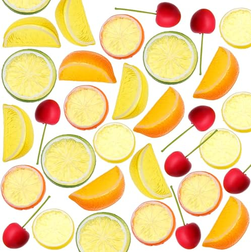 INHEMING 35 Stück Künstliche Gefälschte Zitronenscheibe und Kirschen, Künstliche Fruch,Kunstfrüchte,Dekoratives Obst Deko