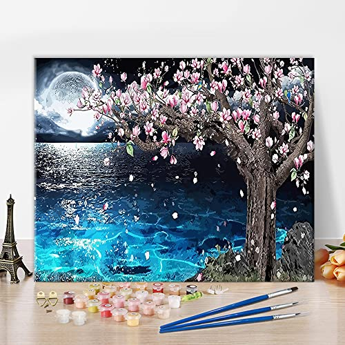 TISHIRON Malen Nach Zahlen für Erwachsene DIY Handgemalt Kirschbaum im Mondlicht Ölgemälde Kit Leinwand Pinsels und Acrylfarbe Malen Nach Zahlen 40 X 50cm(ohne Rahmen)