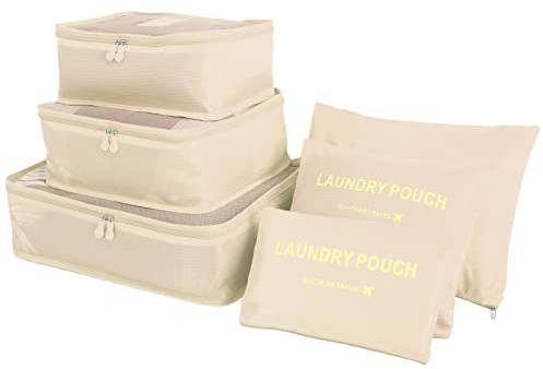 wiipara Koffer Organizer Set 6-Teilig, Kofferorganizer Packing Cubes Set Kleidertaschen Packtaschen für Koffer, Gepäck Organizer Koffer Aufbewahrungsbeutel, Packwürfel Travel Organizer Set - beige