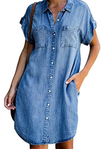 Freizeitkleider Für Damen,Damen-Jeanskleid Vintage-Waschung Verblasst Kurzärmlig Revers Knopfleiste Lässig Lockeres Hemdkleid Mit Tasche Sommer-Jeans-Etuikleid Midi-Kleider Für Damen Und Mädchen
