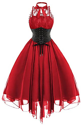 EMATOP Damen Ärmellos Gothic Kleid Spitze Korsett Partykleid Vintage Gothic Kleider Sexy Halfter Abendkleid Elegant A Linie Cocktailkleid Plissee Hohe Taille Ballkleid Steampunk Halloween Kostüm