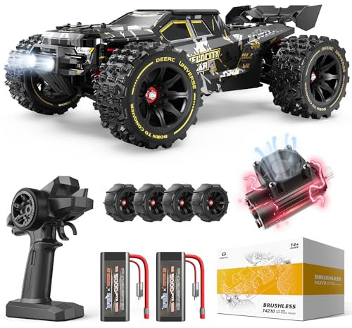 DEERC 1:14 Fast Brushless RC Cars for Adults & Boys, Max 50+ MPH, 2 3S Lipo Batteries 4x4 Waterproof RC Truck, High Speed Remote Control Car, All Terrain RC Truggy for Snow,Sand & Mud