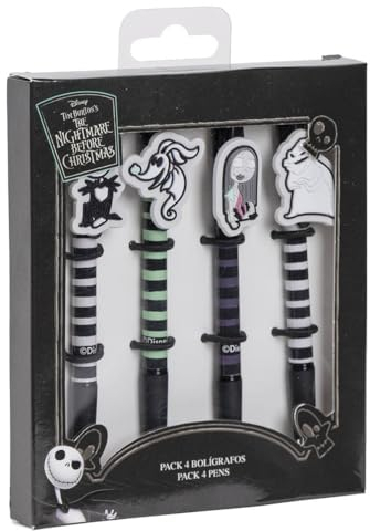 Pack de 4 Bolígrafos de Pesadilla Antes de Navidad - Incluye Múltiples Diseños en Blanco, Verde, Morado y Negro - Elaborados en Plástico y Goma - Producto Original Diseñado en España