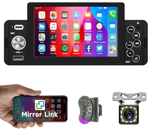 Autoradio 1 Din mit Bluetooth Freisprecheinrichtung Android/iOS Mirror Link 5 Zoll Autoradio mit Bluetooth FM Radio USB/AUX/TF/Type C/EQ Lenkradsteuerung + Rückfahrkamera Lenkradfernbedienung