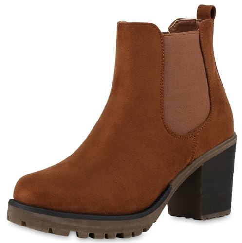 VAN HILL Damen Stiefeletten Chelsea Boots Profilsohle 70's Schuhe 611524 Hellbraun 39