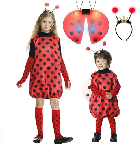 FORMIZON Marienkäfer Kostüm Kinder, Ladybug Kostüm Kinder, Marienkäferkostüm mit Glühende Flügel und Haarbänder, Faschingskostüme kinder Marienkäfer für Jungen Mädchen Karneval Cosplay (120cm)
