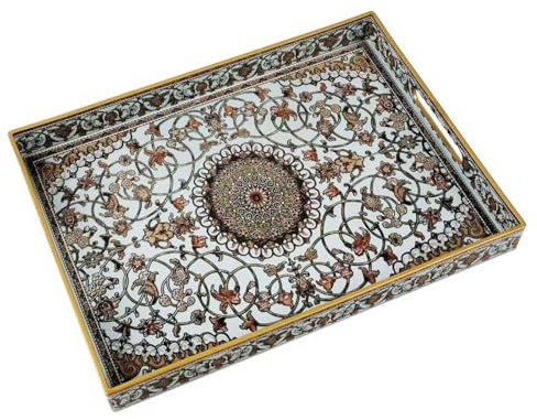 Fuukou Large Plastic Serving Tray with Handles,Decorative Tray for Ottoman Coffee Table,Large Rectangular Boho Tray for Living Room Bathroom and Kitchen Counter,16X12