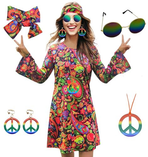 MRYUWB Hippie-Kleid für Damen im Stil der 70er- Jahre, Kostüm mit Halskette, Ohrringen, Sonnenbrille, Disco-Kostüm, 60er-Party-Kostüm, Halloween-Retro-Kleider, Retro-Blumen, Größe 3XL