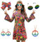 MRYUWB Hippie-Kleid für Damen im Stil der 70er- Jahre, Kostüm mit Halskette, Ohrringen, Sonnenbrille, Disco-Kostüm, 60er-Party-Kostüm, Halloween-Retro-Kleider, Retro-Blumen, Größe 3XL