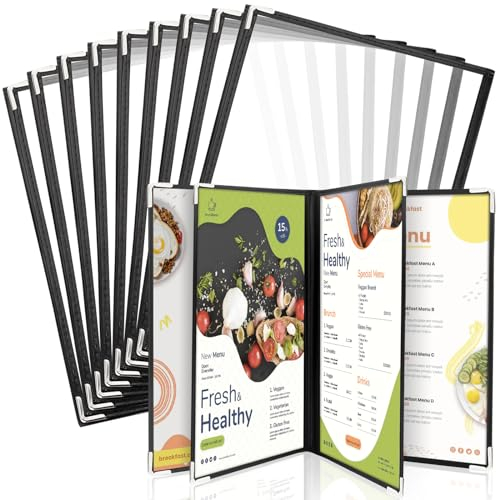 WenYa Fundas de menú A4 (paquete de 10), 4 páginas, 8 vistas, soportes para menús estilo cafetería, borde negro, cubierta transparente para menú de vino con protectores de esquina de metal, se adapta