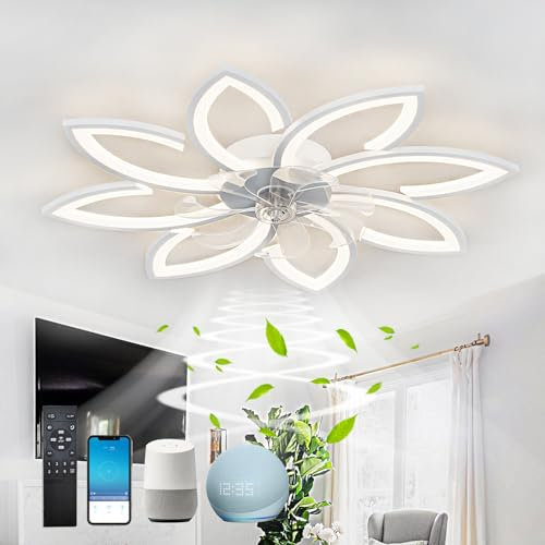 90cm,Plafonnier Ventilateur De Plafond Silencieux,Alexa Lustre Ventilateur De Plafond,Design En Forme De Fleur,App Dimmable,Modes DC,Été Et Hiver,Pour Le Salon-White