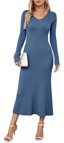 Arach&Cloz Jumper Dress for Women UK Winter Knitted Dresses Bodycon Fishtail V Neck Long Dresses Maxi Sweater (Dark Blue,L)