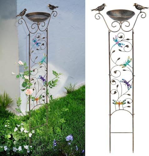 Greenfields Vintage Garden Trellis Bird Bath Bowl - Decorative Freestanding Iron Stand Support Birdbaths for Climbing Plants Flowers - Detachable Bowl for Rustic Outdoor Decor (Dragonfly)