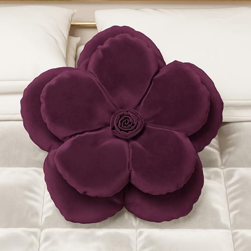 PETTI Artigiani Italiani - Cuscino in Velluto a Forma di Fiore con Imbottitura, Copricuscini Camera da Letto, Colore Prugna - Diametro 50 cm