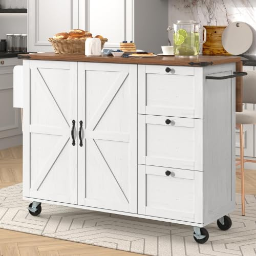 Moimhear Isla de cocina, carro de servir con encimera extensible, carrito de cocina, carrito de comedor con vetas de madera, carro comedor con dos puertas y tres cajones