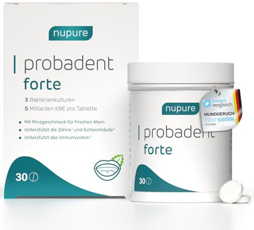 Nupure® Probadent Forte Mundgeruch Bekämpfen mit Mundmikrobiom-Lutschtabletten mit 3 Milchsäurebakterienstämmen, Vitamin D3 und Biotin, Pfefferminzgeschmack, zuckerfrei, 30 Lutschtabletten