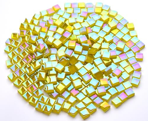 CHICSHIS 300G Iridescent Mosaic Tiles, 10mm Square Mosaic Glass Pieces, Mini Tiles for Glass Projects, Great for Mosaic Craft, 330pcs Crisp Sunshine Yellow Mosaic Great for Art Supplies