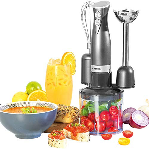 Salter Mixeur à Main 3-en-1 Cosmos, Attachements Fouet, Mixeur et Hachoir à Lames en Acier Inoxydable, Mixeur Plongeur Multifonction, Parfait pour Tous Usage, Contient 1 Bol 500 ml, 2 Vitesses, 350W,