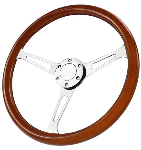 Acclcors Universal Racing Holzlenkrad, 15 Zoll 6 Bolzen Holzmaserung Racing Lenkrad Klassisches Grant Nostalgia Style mit Hupentasten Vintage