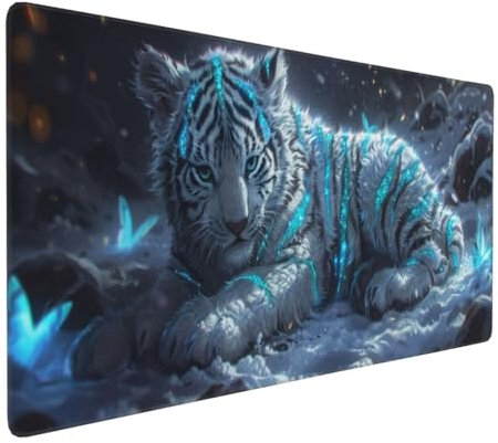 Tapis de Souris 80x40 cm Grand Tapis Souris XXL, Le tigre blanc Tapis de Souris Bureau Gamer, à Bords Cousus, Base en Caoutchouc Antidérapante, Sous Main pour Clavier et Souris, Decoration Maison E-13