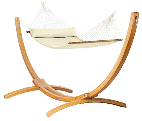 LA SIESTA® Alabama Gesteppte Hängematte mit Stab & Holzgestell - Wetterfeste Hängematte mit Gestell, Hängematte Outdoor Indoor - Hängemattengestell für 2-Personen - Kingsize Hängematten, Vanilla