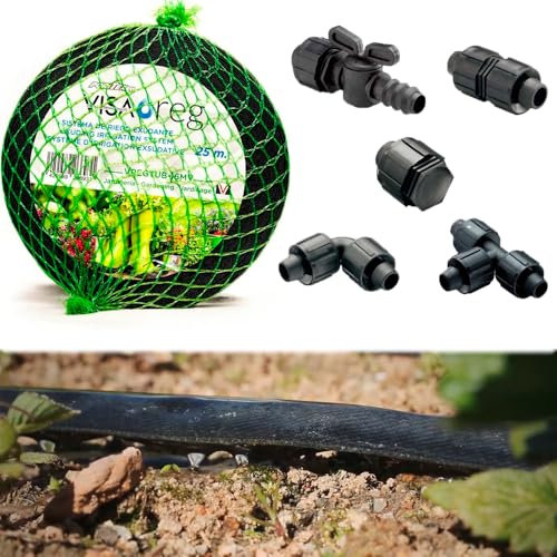 RIEGOPRO Cinta Exudante 16mm para Riego por Exudación. Tubería Textil Porosa + Accesorios de Instalación. Rollo 25 metros. Caudal 2-4 Litros por Metro