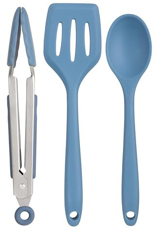 Wiltshire Silicone Mini Kitchen Tongs, Serving Spoon & Turner Set of 3, Cooking Spoon Serving Tongs & Spatula, Salad Tongs Stainless Steel, Heat-Resistant Utensil, Non-Stick, Non-Scratch, Petrol Blue