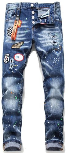 Generic Men's Blue Slim Straight Embroidered Distressed Paint Splatter Jeans, 32