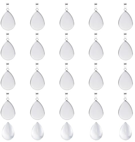 HOBBIESAY 20 Set Tropfenschalen Foto Charms Cabochon Rohlinge Cabochon Fassungen Für Anhänger Aus Edelstahl Mit Glas Cabochon Für Die Schmuckherstellung von Brautsträußen Abschlusskappen