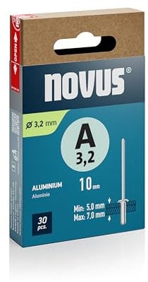 Novus Tools Aluminium-Blindnieten Ø 3,2 mm, 10 mm Länge, 30 Nieten, 5,0-7,0 mm Klemmlänge, ideal zur Befestigung von Nichteisen-Metall, Kunststoff, Leder und Stoffe