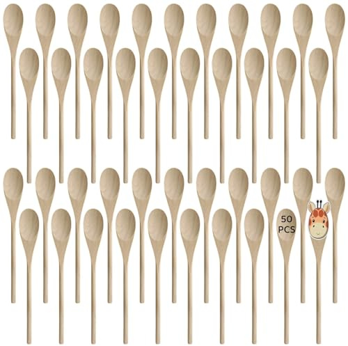 wkao 50 Pcs Long Wooden Spoons for Cooking & Crafts, 12-Inch Oval Mixing Utensils, Maple Wood Spoons for Serving and Baking