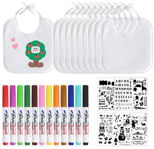OVAS HOO 10er Set Baby Lätzchen zum Bemalen, Bemalen Babyparty, Bemalen Kurzarm Baby Body,12 Farbige Stifte für Kinder und 6 Malvorlagen, Bodys zum Bemalen für Babyparty Babyshower Spiele