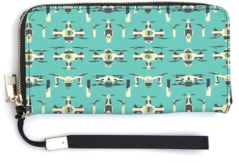 Leder-Geldbörse mit Handgelenk, für Damen, coole Drohne, weißer Druck, kleine Damengeldbörse mit Reißverschluss