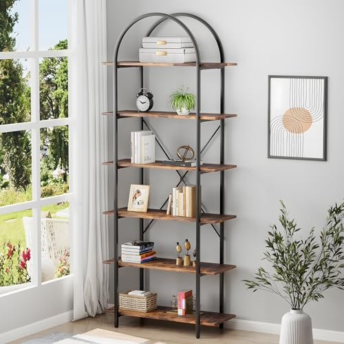 Arbuxzuy 6 Tier Bookshelf, 83 Tall Arched Bookcase, Tall Book Shelf with Metal Frame, Industrial Display Standing Shelf for Living Room, Home Office, Bedroom, Brown