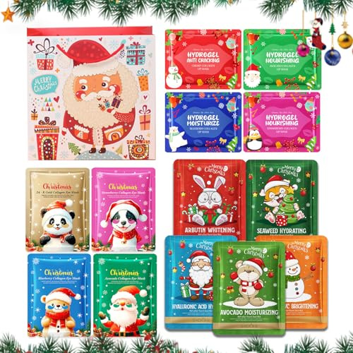 Skincare Adventskalender Set, Augenmaske Weihnachten, Gesichtsmasken, Lip Mask, Masken Beauty Set, Augenpads gegen Tränensäcke, Geschenk für Freunde & Familie, Teenager Mädchen, Feuchtigkeitsmaske