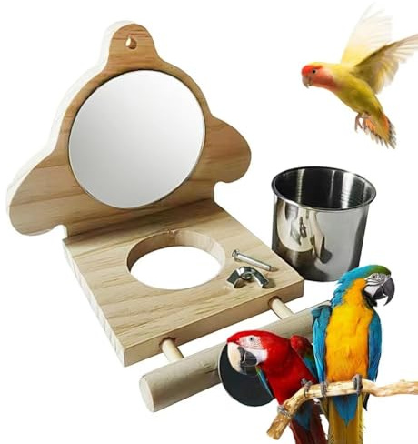 Osmond Parrot Perch Wooden Parakeet Mirror Toy Bird Parrot Perch with Mirror and Feeding Cups Cage Play Toy for Lovebird A