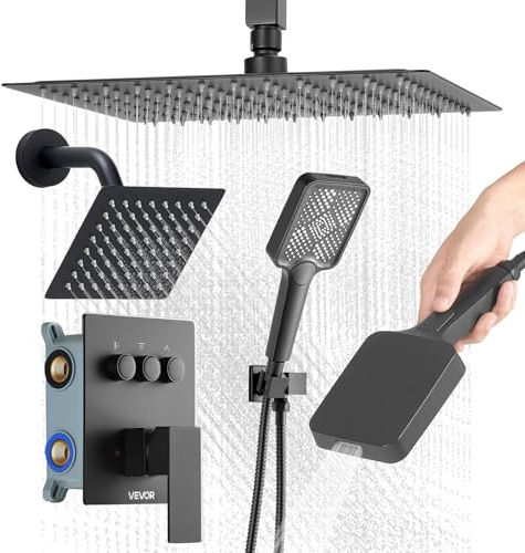 VEVOR Set Doccia con Sistema Doccia a Pioggia da 304 mm, Soffione a Parete, Doccetta, Soffione a Pioggia Doppio Girevole, 3 Funzioni, Kit di Finitura e Valvola in Ottone, Nero Opaco
