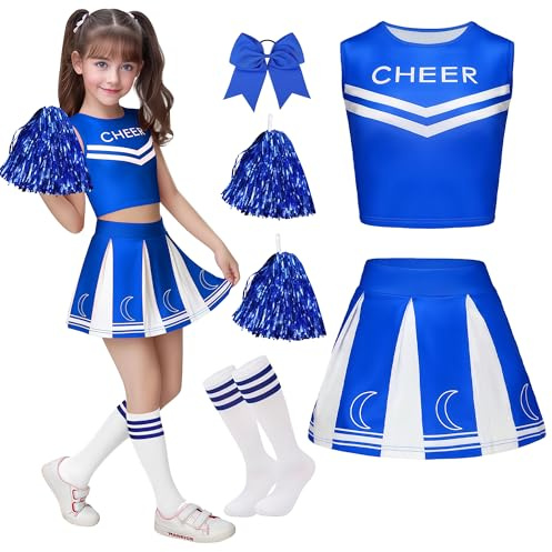 XFOZDM Cheerleader Kostüm Kinder Cheerleader Kostüm Mädchen Cheerleading Uniform Kleid mit Haargummi Pompoms und Socken Cheer Leader Outfit Kinder Faschingskostüme für Karneval Halloween Cosplay