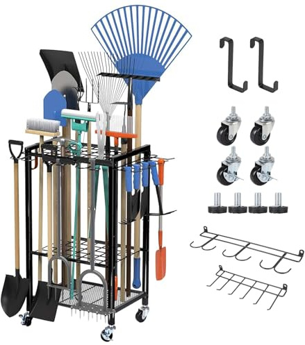 efuturetime Organisateur d'Outils de Jardin avec roulettes, 80 × 40 × 32cm | Support Rangement en métal, Contenir 50 Outils pour Garage Pelouse Abri