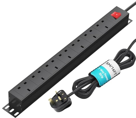 5m Cable Extension Lead Surge Protection 7 Way Power Strip with Switch, Multi Plug Socket Horizontal 13amp PDU Power Distribution Unit, Rack Mount Power Outlets Wall Mount Power Strip