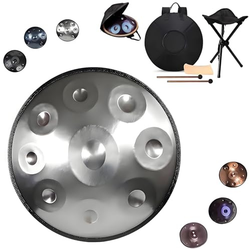 Handpan Instrument 9/10/12 Töne- 22 Zoll Stahl Zungentrommel In D-Moll Kurd 440 HZ Handpan Trommel Für Yoga, Meditation Mit Handtaschen Trommelstöcken, Trommelständer(Silver,440hz 12 Notes)