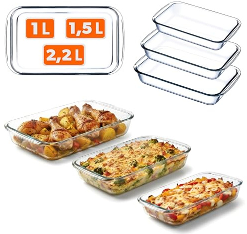 KADAX Auflaufform Set aus hitzebeständigem Glas, 3-teilig (1L, 1.5L, 2.2L), Ofenfeste Glasformen zum Backen, Kochen und Servieren, Spülmaschinen- & Mikrowellengeeignet