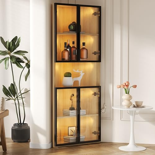 BTM Eiche Glasvitrine Stehend mit Tür, Eckvitrine Wohnzimmer, 160cm LED Vitrine Schmal Sammlervitrine Eckschrank